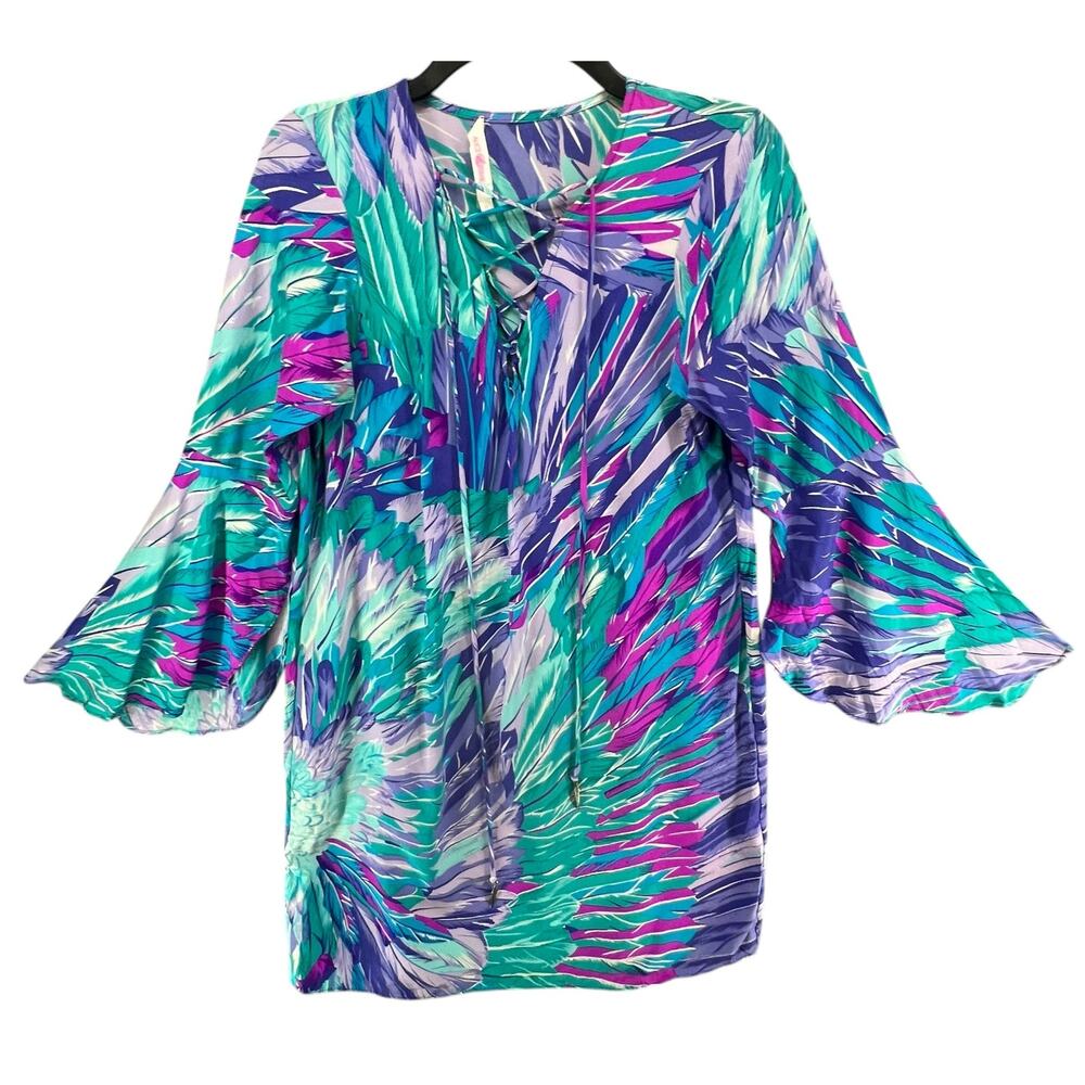 Alice & Trixie Tunic‎ Dress XS Purple Multi Silk Lace Up Bell Sleeve Boho Resort